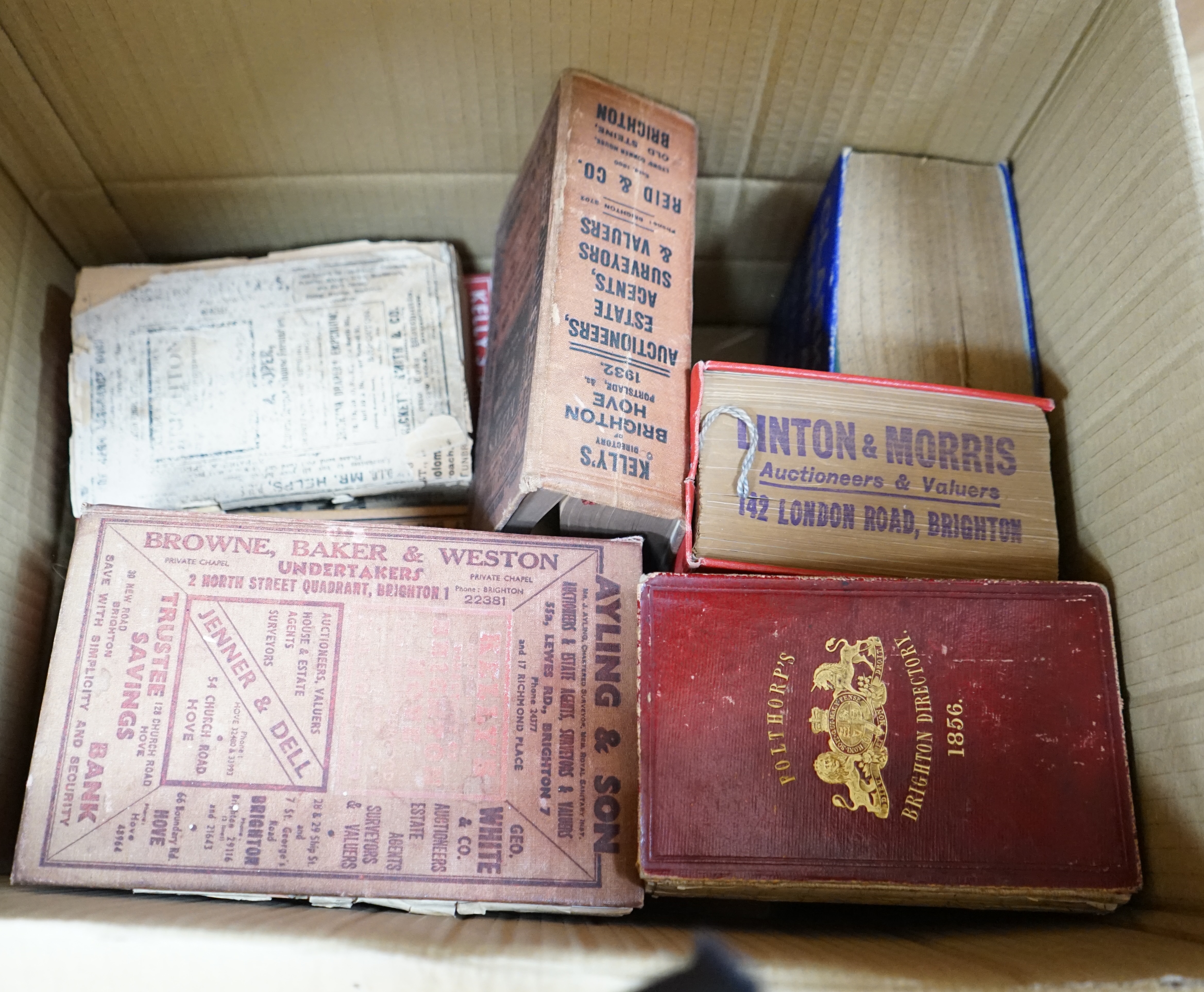 A collection of Brighton Directories, 1856 onwards (one box). Condition - poor to fair, some bindings loose and covers detached or faded